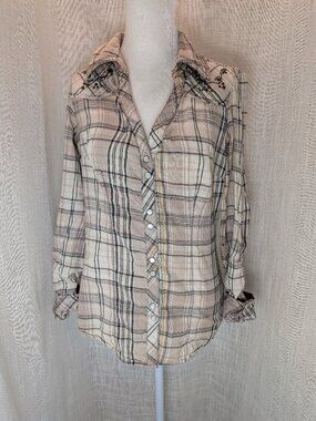 Guess Jeans Cowgirl Plaid Western Shirt Pearl Snaps V Neck Size M